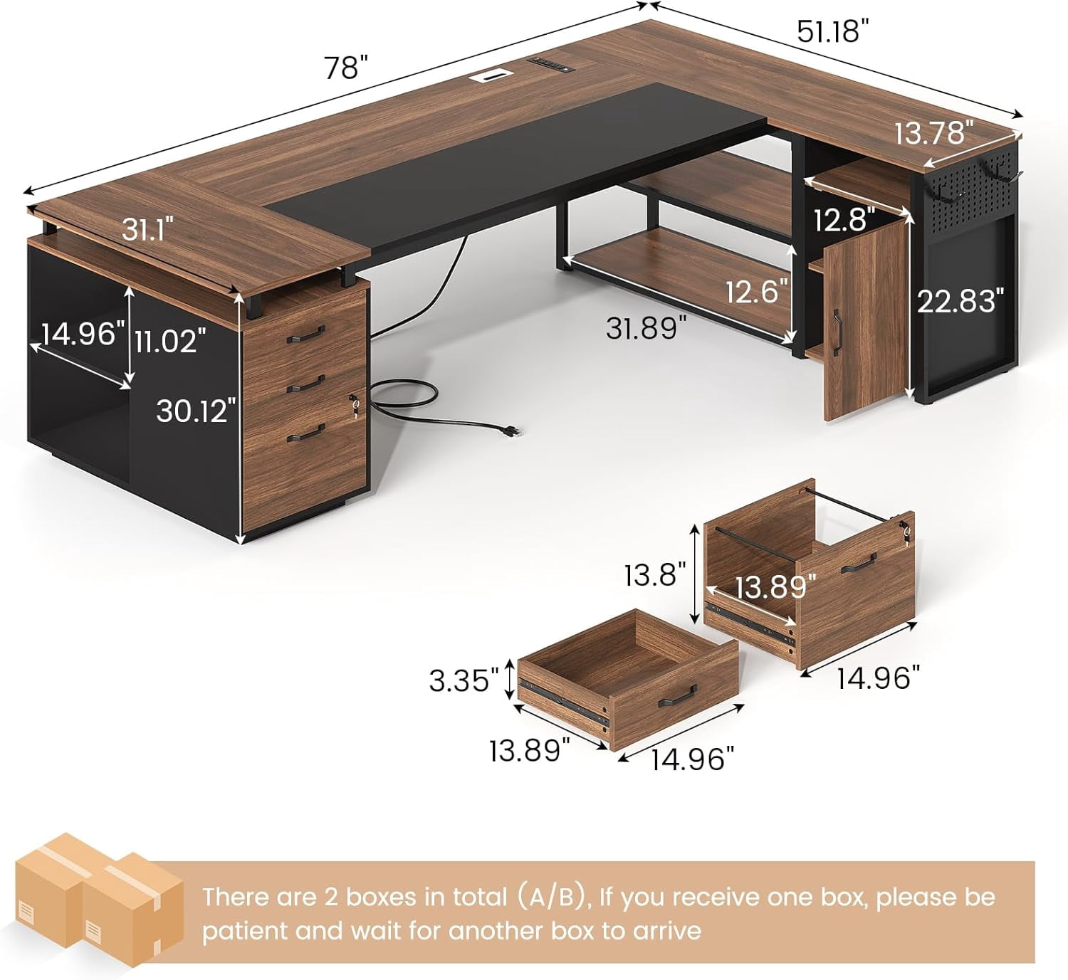 78" Executive Desk with Lockable File Cabinet, L Shaped Executive Desk with Power Outlets, Reversible Computer Desk with Drawers, Storage Shelves and Privacy Screen, Walnut