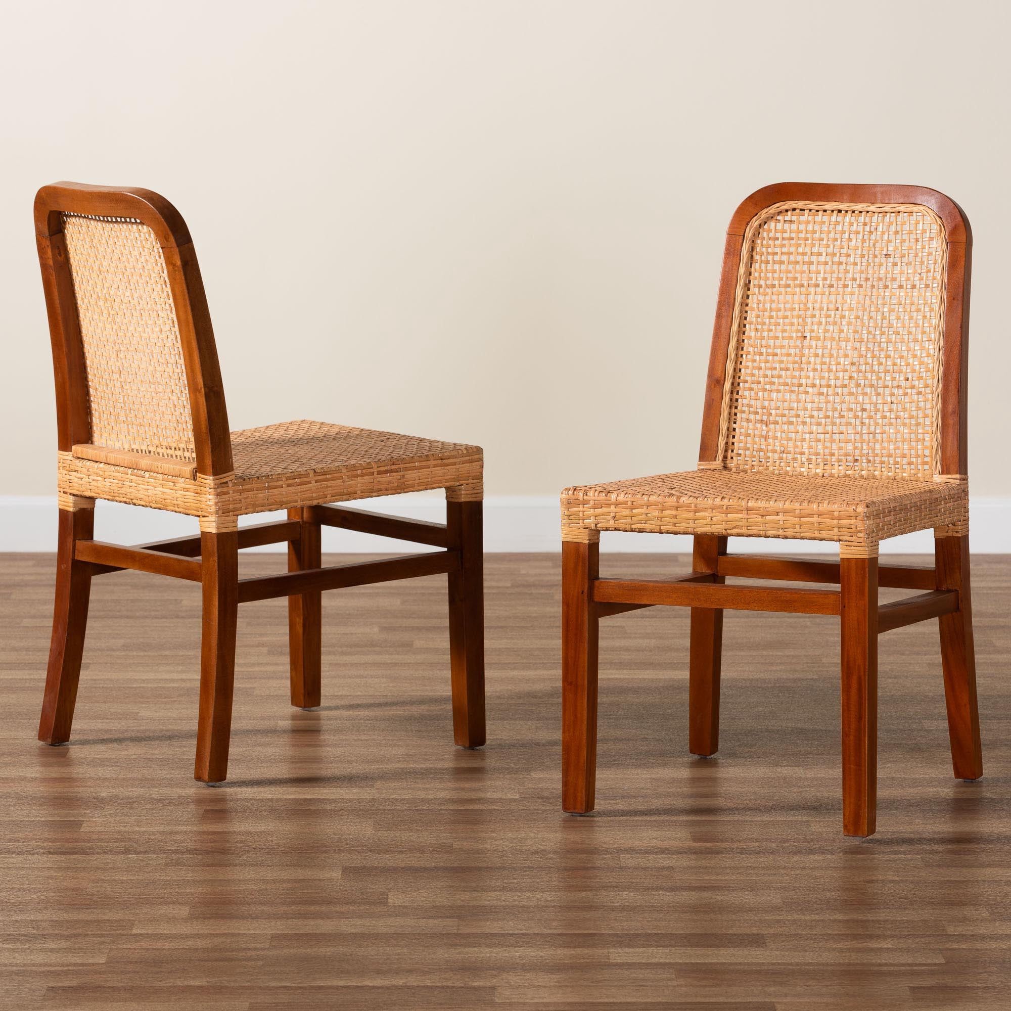 bali & pari Caspia Rattan and Mahogany wood Mid-Century Dining Chairs, Set of 2, Natural Brown