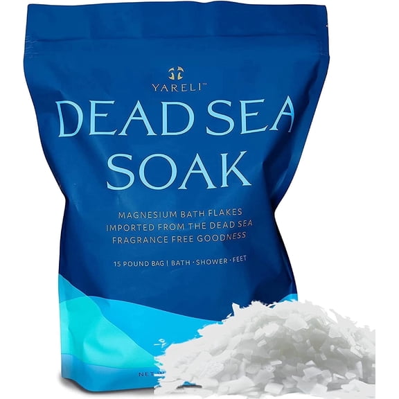 Yareli Dead Sea Bath & Foot Soak, Unscented Magnesium Bath Salt Flakes, Stronger Alternative to Epsom Salt 15lbs