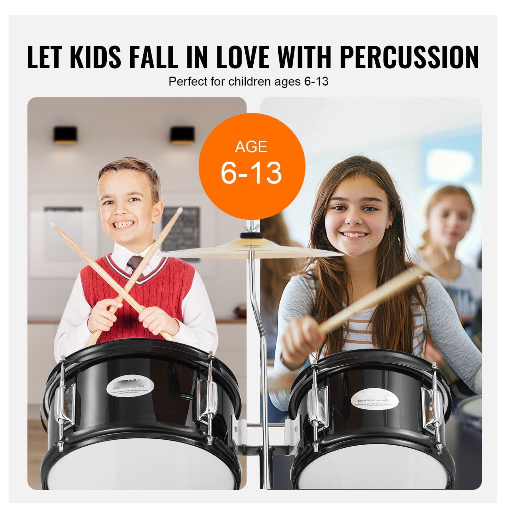 Kids Drum Set 5-Piece Beginner Drum Kit - 16 inch Black Drum Set with Throne, Pedal, Sticks - Children Drum Set for Kids Ages 6-13 Musical Instrument