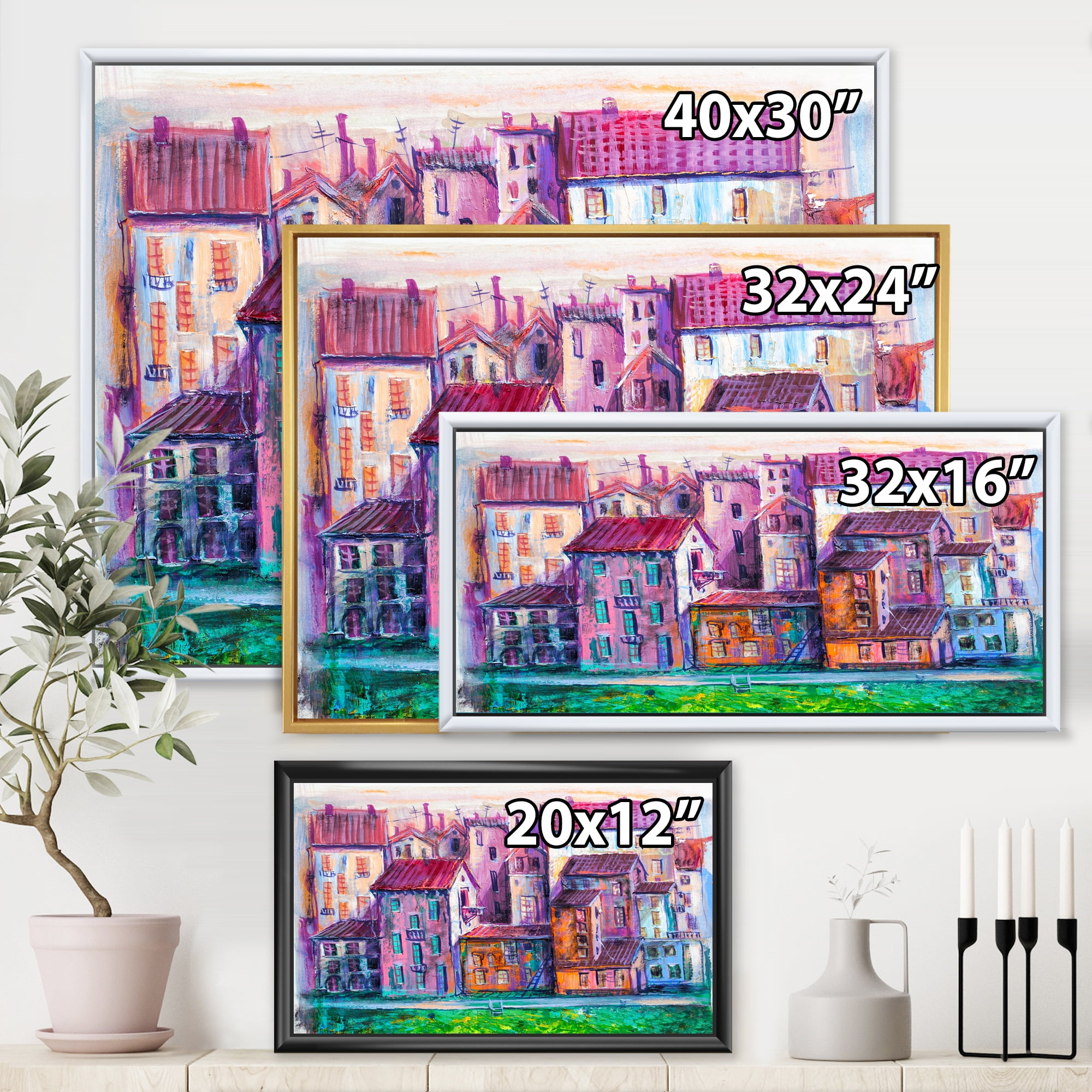 Designart 'Street With Colorful Old Homes Landscape' Modern Framed Canvas Wall Art Print