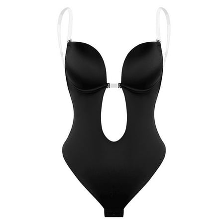 HEVIRGO Removal Invisible Shoulder Straps Body Shaper U-shape Backless Deep V-neck Bodysuit Bra Shapewear for Inside Wear Black S