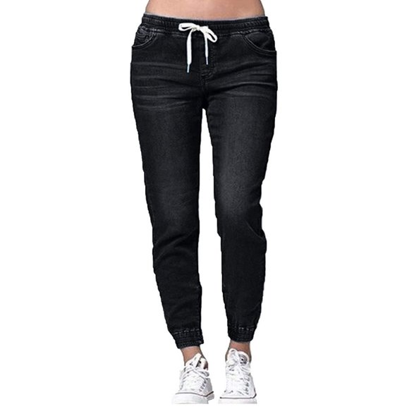 Pantalon Jean Moulant en Denim Extensible à Taille Élastique pour Femmes avec Cordon de Serrage
