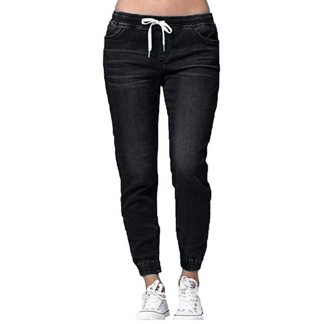 Womens Elastic Waist Pencil Stretch Denim Skinny Drawstring Jeans Pants Trousers