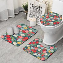 Pioneer Flower Floral Print Pattern Bathroom Rugs Sets 3 Piece,Toilet Cover Set,Absorbent Non Slip Bathroom Mats Sets with U-Shaped Contour Rug Toilet Rug Set