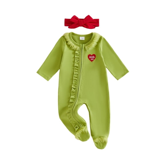 RUINIXCW Baby Girls Christmas Zipper Romper Green Plush Trim Jumpsuits and Headband Cosplsy