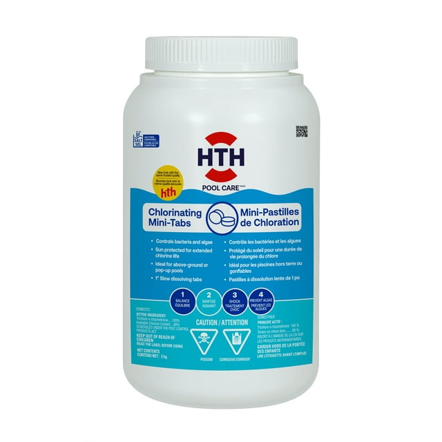 HTH Pool Care 2kg container of 1-inch chlorinating mini-tabs for pool sanitation, showing product benefits and caution symbols
