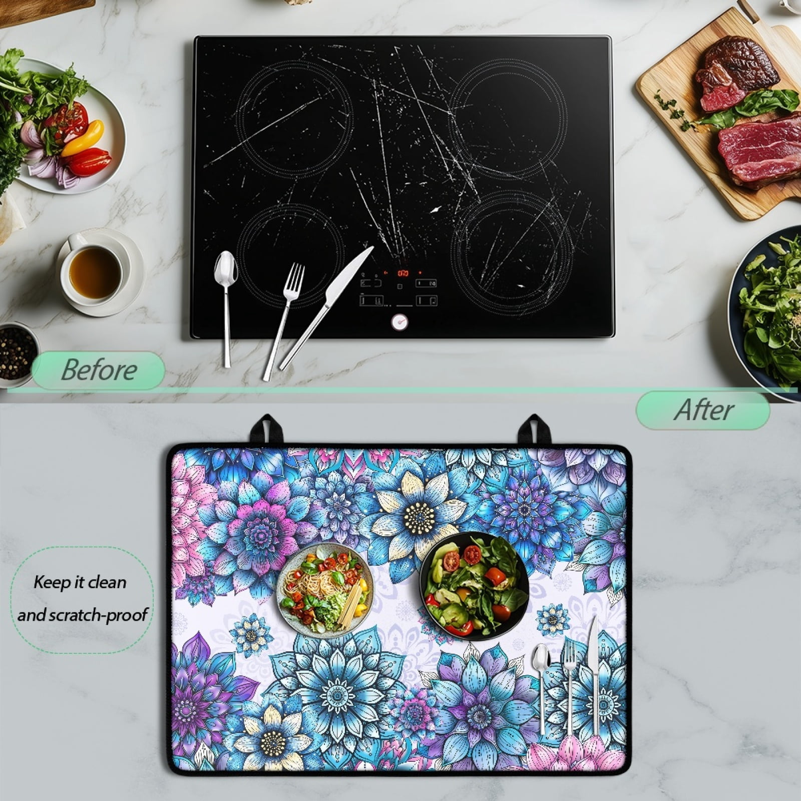 Renewold Glass Top Stove Cover Electric Stove Mat Foldable Non-slip Cooktop Mat Multipurpose Washer Dryer Top Protector Range Cover for Kitchen Counter, Bohemian Flower Blue