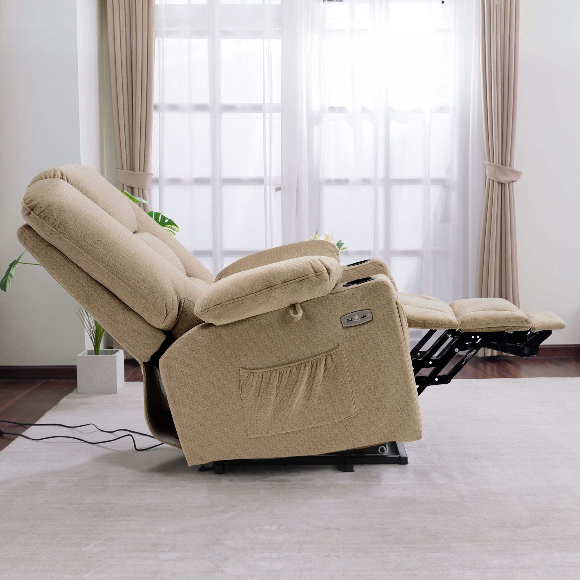 MCombo Large Power Lift Recliner Chair Sofa with Massage and Heat for Elderly People, Extended Footrest, Hand Remote Control, Cup Holders, USB Ports, Fabric 7549 (Large, Beige)