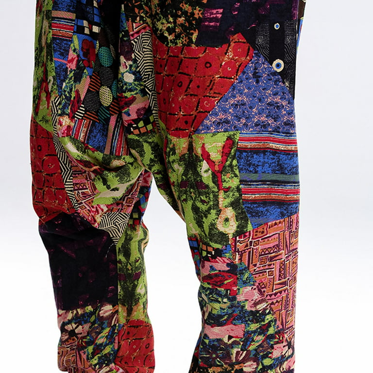 Men's Linen Baggy Hippie Boho Yoga Harem Pants African Pattern Print  Lightweight Elastic Waist Drop Crotch Jogger Yoga Baggy Genie Boho Pants 