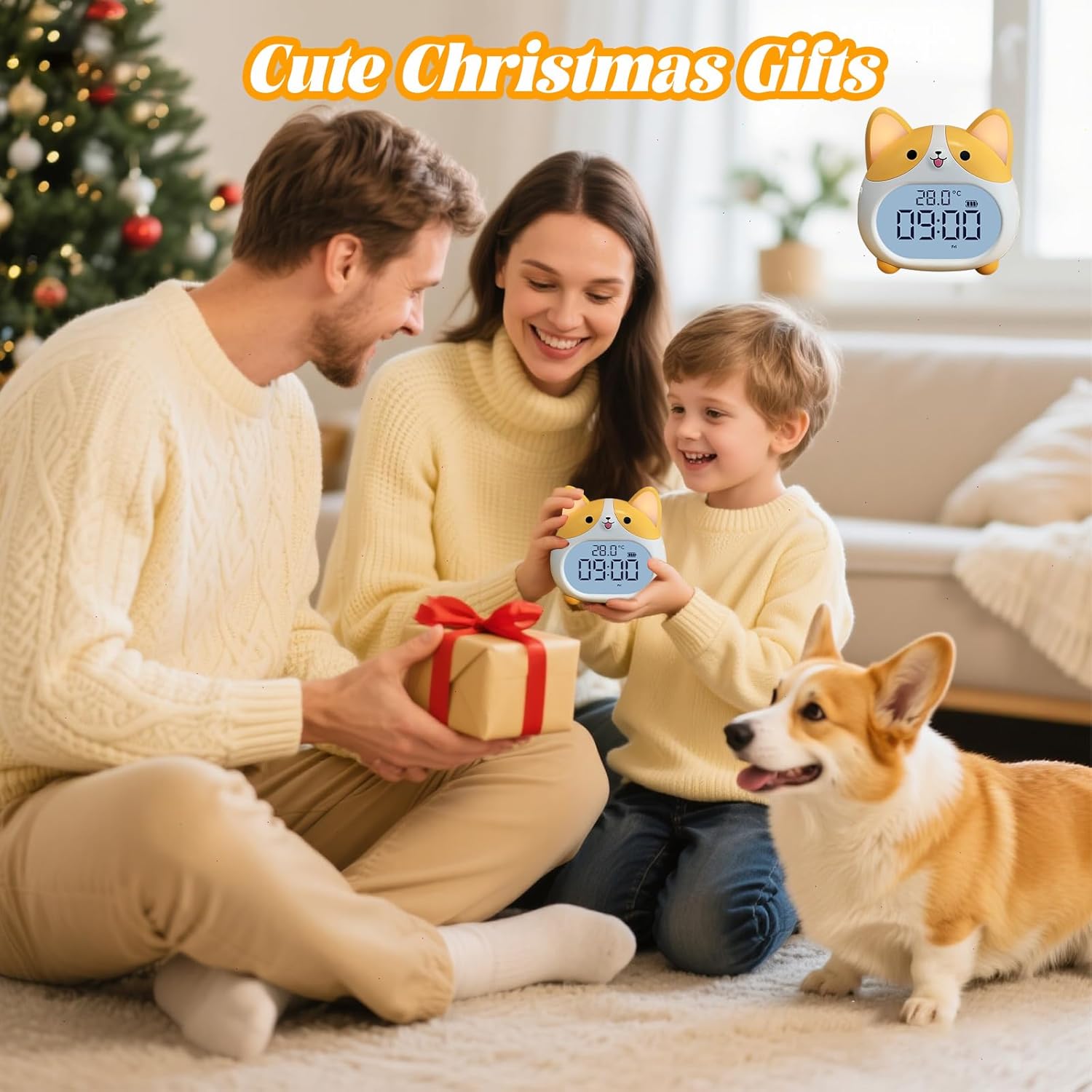 Alarm Clocks for Kids, Cute Corgi Clock with Night Light, 6 Alarm Tones, Snooze, Timer, Date and Temperature Display - Rechargeable Battery Operated Digital Clocks for Bedroom Kids Room