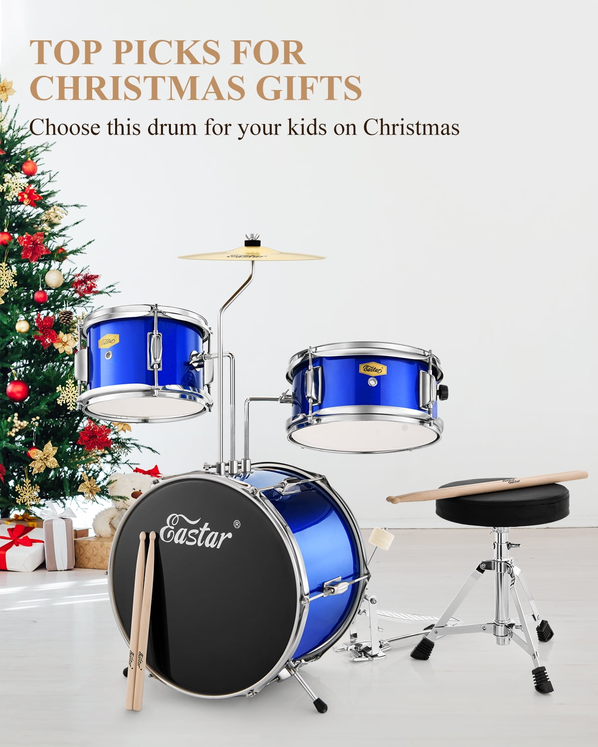 Eastar Kids Drum Set for Gift 14" 3-Piece Drums Kits with Bass Tom Snare, Adjustable Throne, Cymbal, Pedal, Drumsticks, Mirror Blue