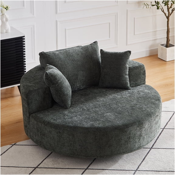 JERFIT Modern Chenille Swivel Chair, 360 Degree Rotating Fluffy Single Sofa Chair for Living Room, Lounge, Bedroom, Green Foam Accent Chair