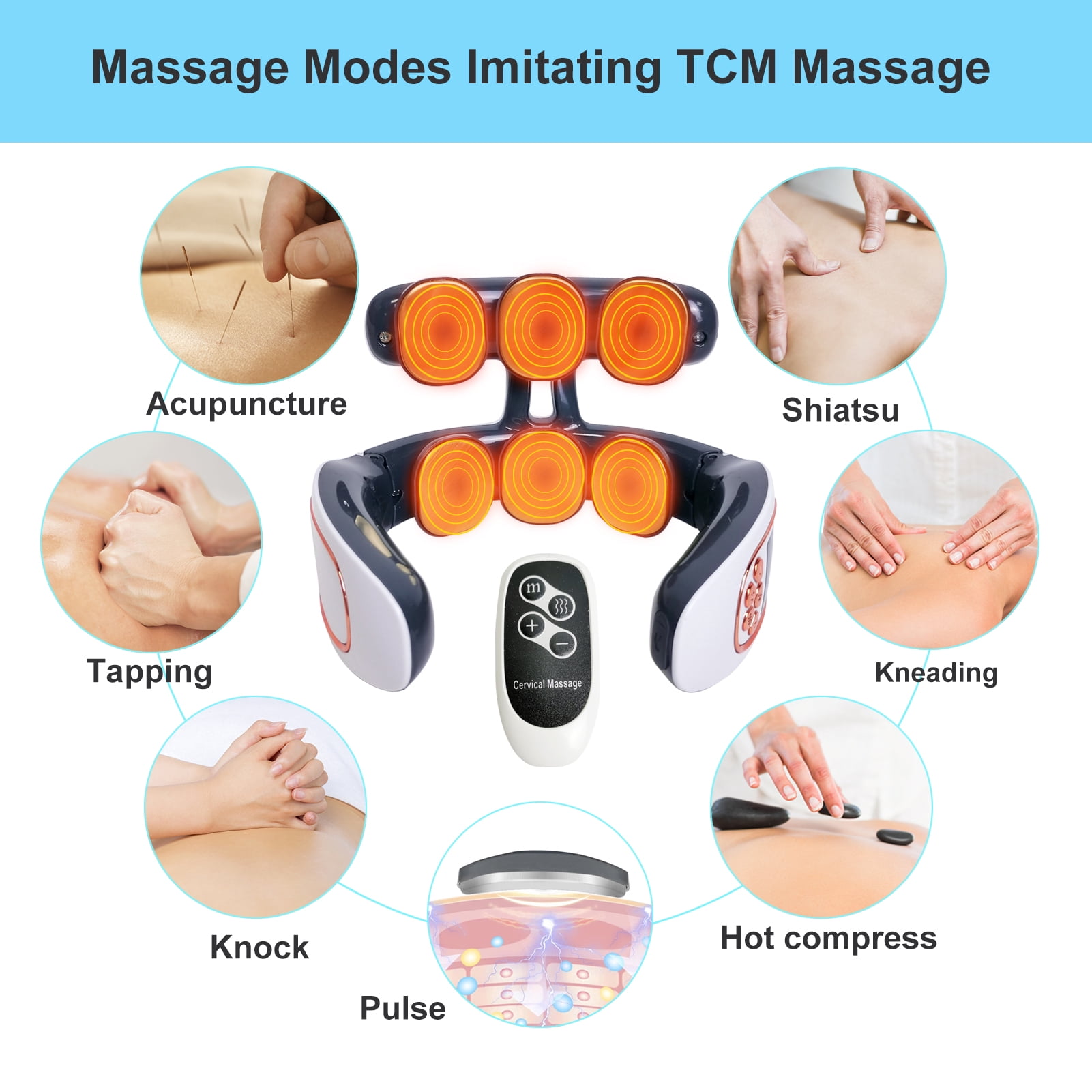 Electric Neck Massager with Heat - Intelligent Pulse Neck and Shoulder Pain Relief Massager Cordless Deep Tissue Trigger Point Massager for Women and Men (6 Pads)
