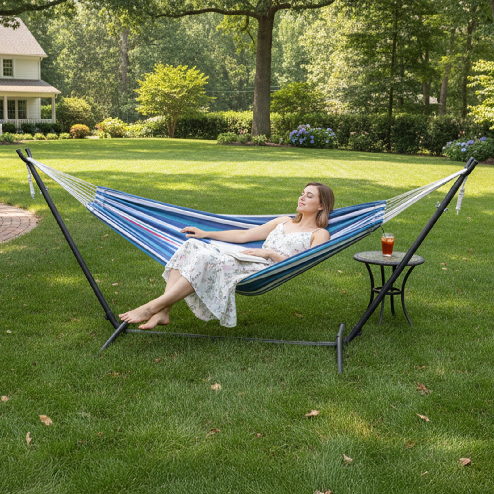 Ktaxon 9ft Yard Hammock Set, Patio Frame with Blue & Purple Striped Cotton Hammock