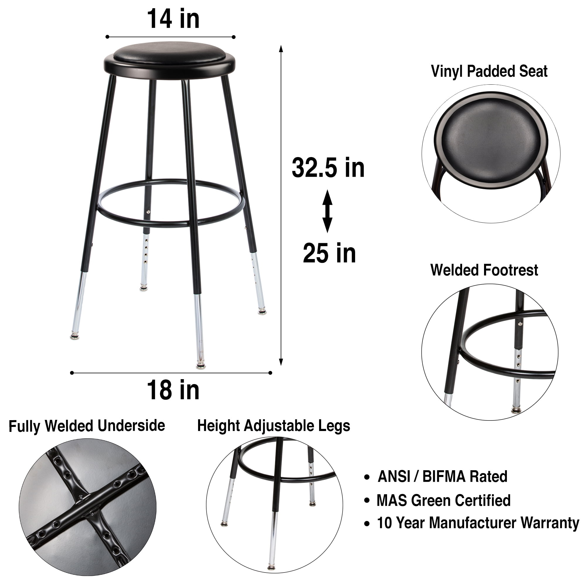 Otto 25"-33" Height Adjustable Stool, Black, Pack of 2