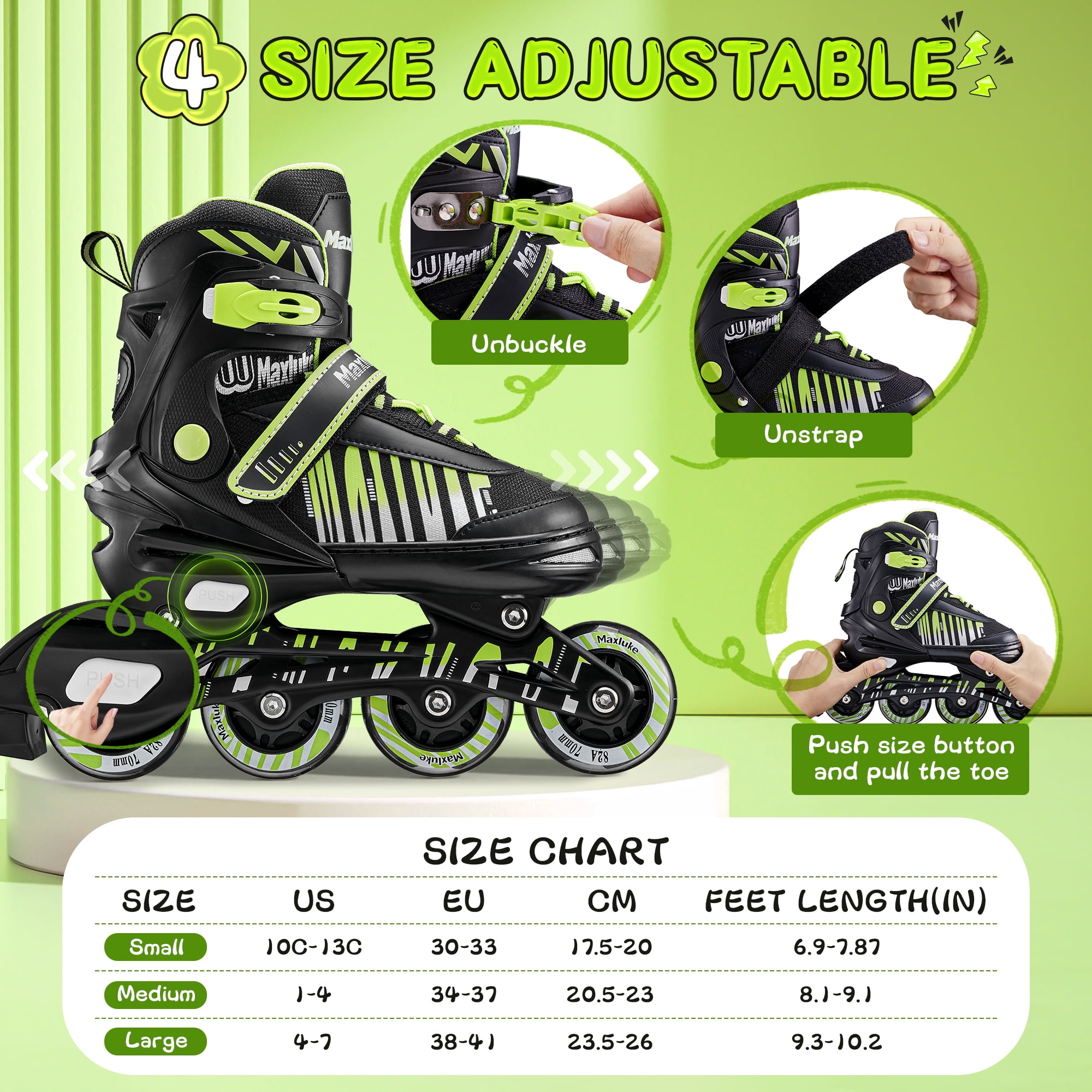 TaroKitc Adjustable Inline Skates with All Light Up Wheels for Kids, Girls and Boys, Size 10C-13C
