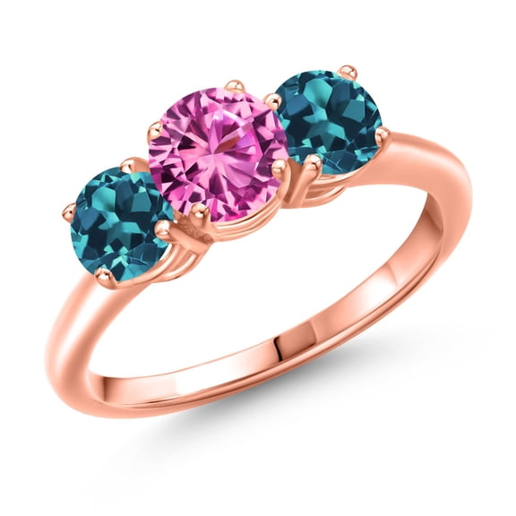 Gem Stone King 18K Rose Gold Plated Silver Pink Created Sapphire and London Blue Topaz Engagement Ring for Women | 2.40 Cttw | Round 6MM | Gemstone September Birthstone | Size 7