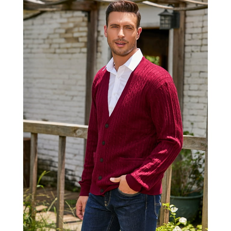 Kallspin Men's Wool Blend V-Neck Cable-Knit Cardigans Sweaters