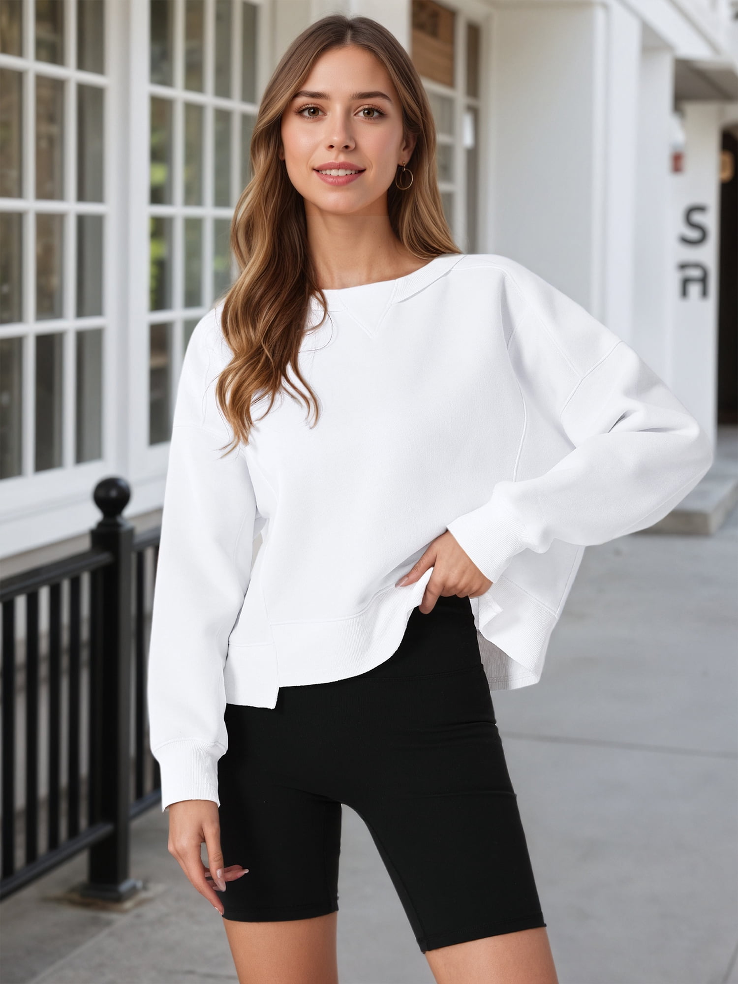 Unique Bargains Women Crew Neck Fleece Pullover Oversized Cropped Sweatshirt S White