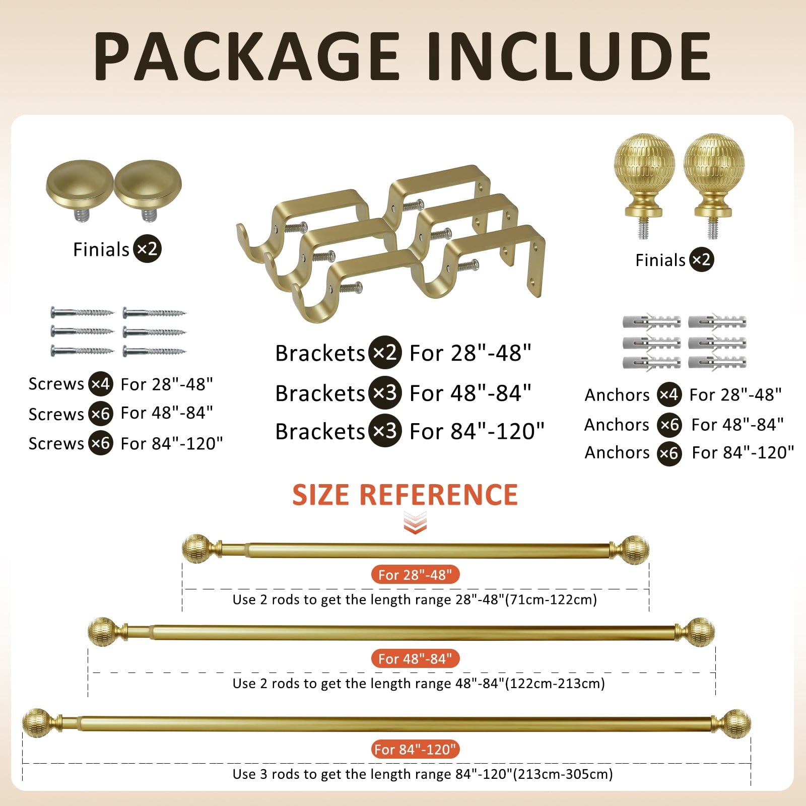 Ridicili 5/8" Telescoping Double Curtain Rods with Reticulated Ball Finials, Gold, 28"-48", 5/8 Inches Front and 1/2 Inches Back Double Window Drapery Rod