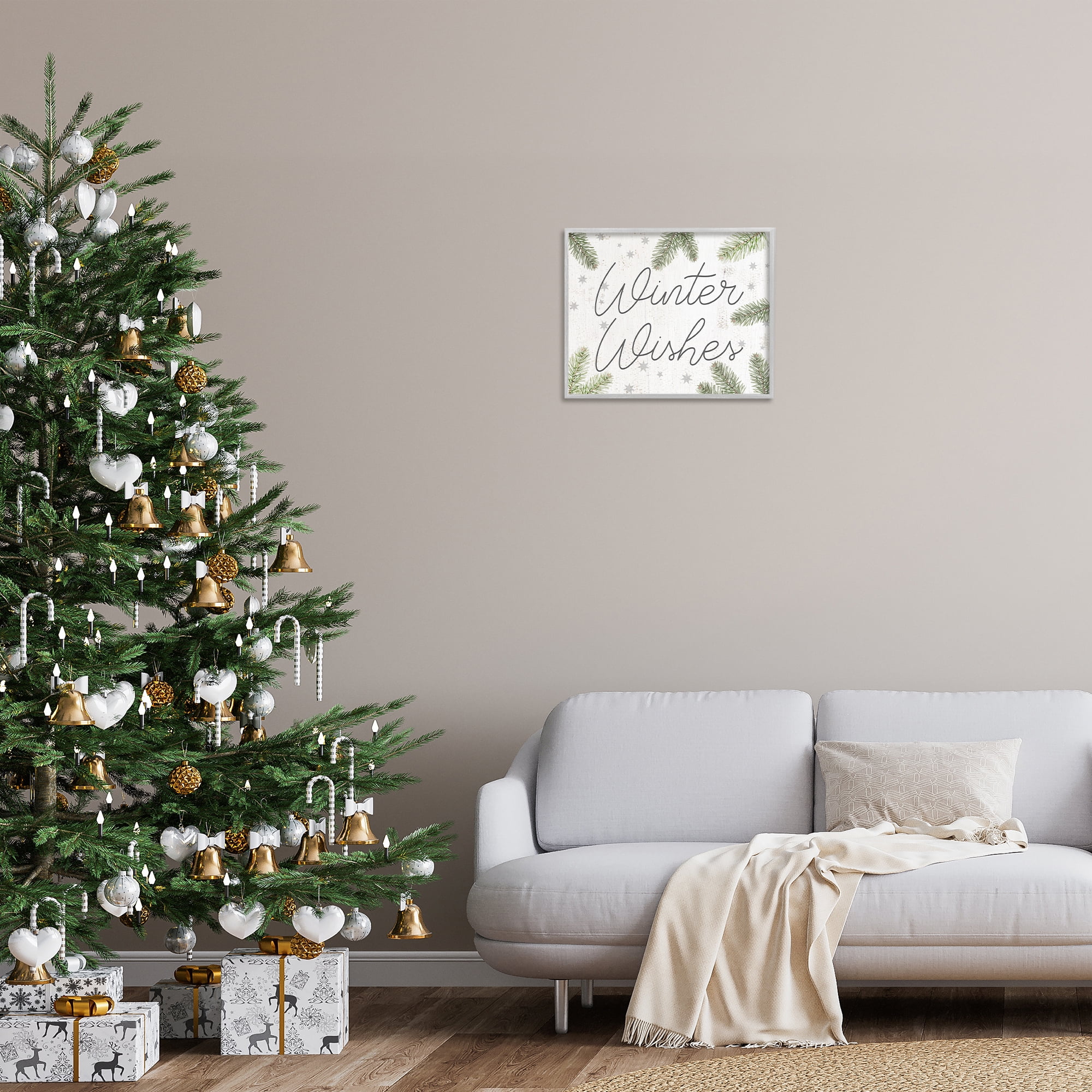 Stupell Industries Winter Wishes with Sprigs Holiday Painting Gray Framed Art Prints Wall Art, 20 x 16
