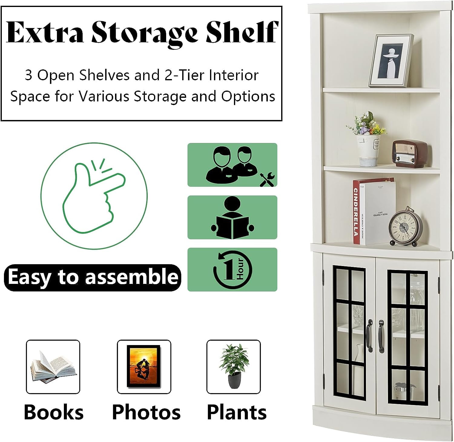 Merluxy Curved Corner Cabinet, 65" Wood Bookcase with 3 Shelves, Distressed White