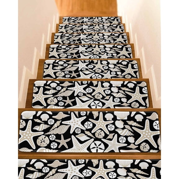 Ocean Shell Non-Slip Stair Treads for Wooden Steps, 15 Pack 8x30 Inches Carpet Stair Mats with Adhesive Backing, Noise-Reducing Step Covers for Indoor Stairs, Easy to Install & Residue-Free