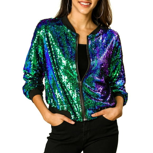 INSPIRE CHIC Women's Sequin Jacket Zipper Closure Hidden Pockets Bomber Jacket XS Green