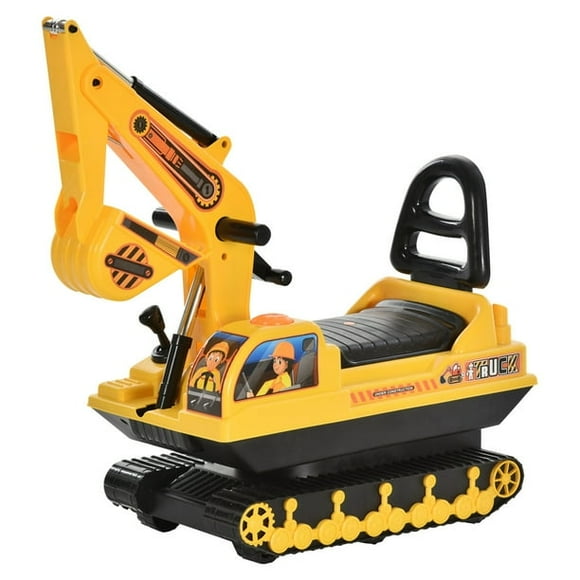 Qaba Kids Ride-on Excavator with Digger, Pretend Play Construction Truck with Under Seat Storage, Realistic Sound, Treaded Wheels, No Power Design