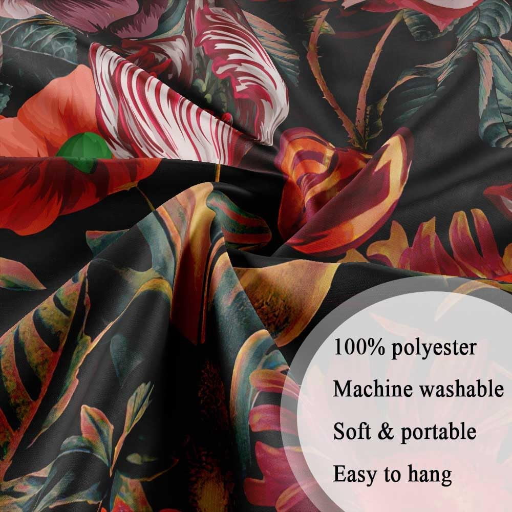 Floral Shower Curtain, Vintage Floral Shower Curtain Set Red Flower Plants Bathroom Curtain, Black Floral Boho Shower Curtain with Hooks for Bathroom Decor 47X64 Inch