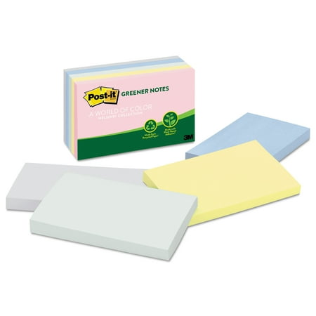 Post-it Greener Notes Recycled Note Pads, 3 x 5, Assorted Helsinki Colors, 100-Sheet, 5/Pack