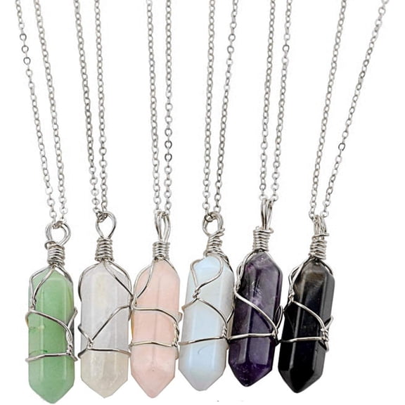 6 Pcs Hexagonal Crystal Pointed Quartz Natural Colorful Wire Wrapped Gemstone Stone Pendant Adjustable Necklace Friendship Couple Jewelry for Women