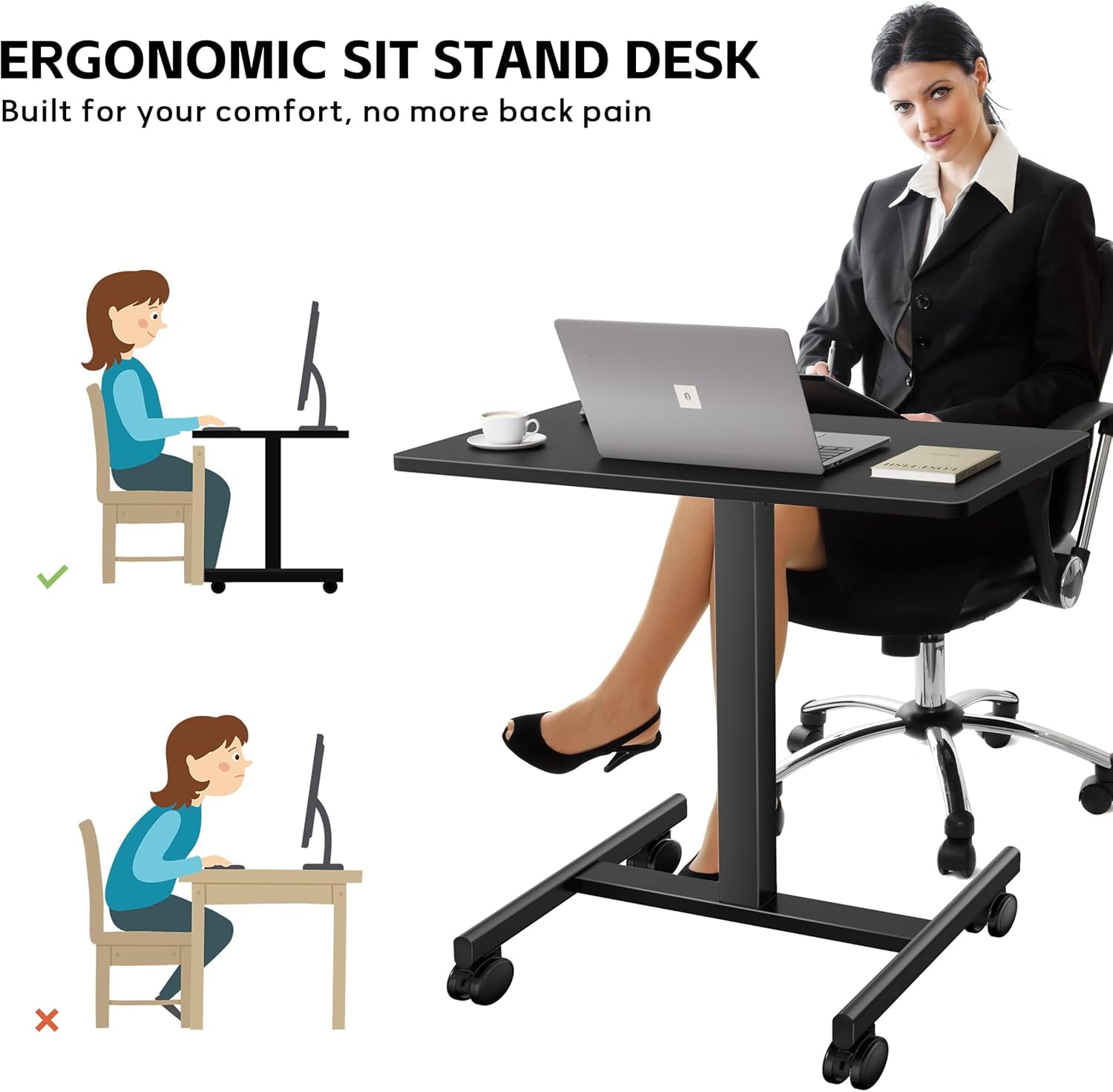 JessieMal Mobile Laptop Standing Desk Adjustable Height, Small Mobile Desk Workstation with Wheels, Portable Rolling Computer Desk Cart for Home Office Classroom (Black)