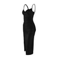 thumbnail image 4 of Women's Spaghetti Straps Sleeveless Solid Velvet Cami Dress Ruched Side Split Bodycon Club Party Midi Dresses, 4 of 5