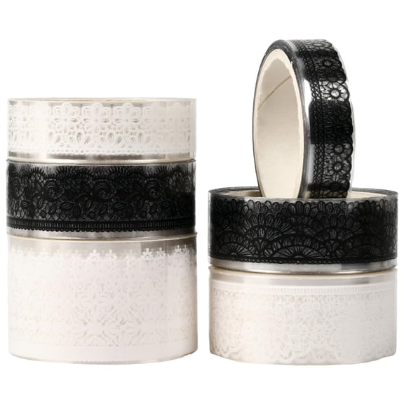 6 Styles 6 Rolls Lace Pattern Washi Tape Black and White Pattern Washi Tape Bulk Transparent Flora Arts Decorative Sticker Roll