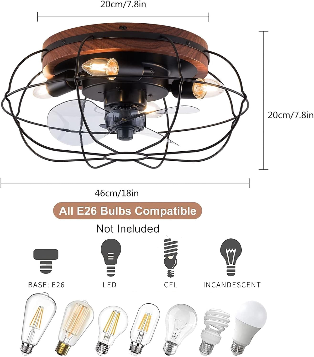 18" Black Metal Caged Ceiling Fan with Remote Modern Small Indoor Fan Light Kit Enclosed Flush Mount Fan for Bedroom Living Room, E26x4 Bulbs NOT Included