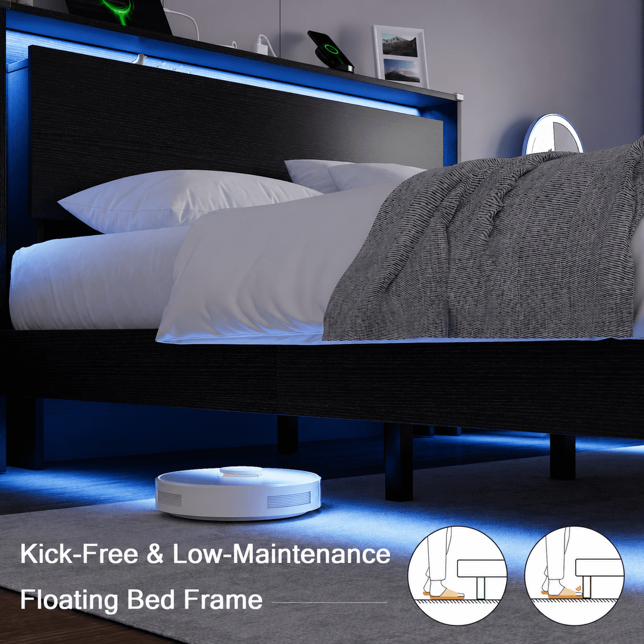 Einhomn Full Size Floating Bed Frame with  LED Lights & Charging Station,Wood Platform Bed Frame with Storage Headboard,Noise Free,No Box Spring Needed,Easy to Assemble-Black