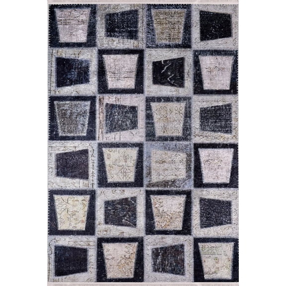 Şanghay Anthracite Patchwork Polyester Area Rugs for Living Room Washable Rugs Boho Moroccan Area Rug Soft Geometric Bohemian Carpet Distressed Indoor Rug for Bedroom Dining Room Office Nonslip Rug