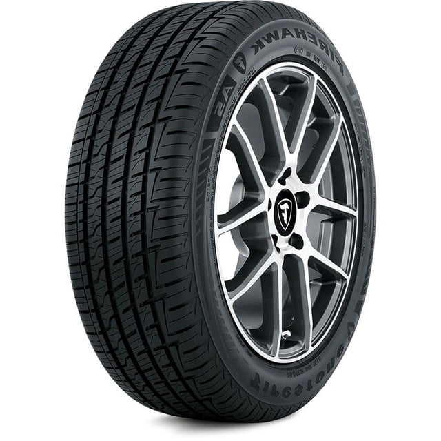 llanta firestone 225/45r19 96w firehawk as v2 ultra high performance vista 3/4 frontal de la llanta montada en rin de aleación, color negro con dibujo de la banda de rodamiento claramente visible y texto Firehawk en el costado; diseñada para equilibrio entre rendimiento deportivo y uso en todas las estaciones, también adecuada para reemplazo en sedanes y hatchbacks compactos.