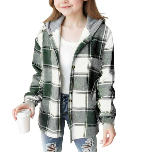 BFHHYA Kids' (4-15Y) Sherpa-Lined Plaid Jacket Boys Girls Long Sleeve Button Down Hooded Jacket Warm Fashion Winter Coat