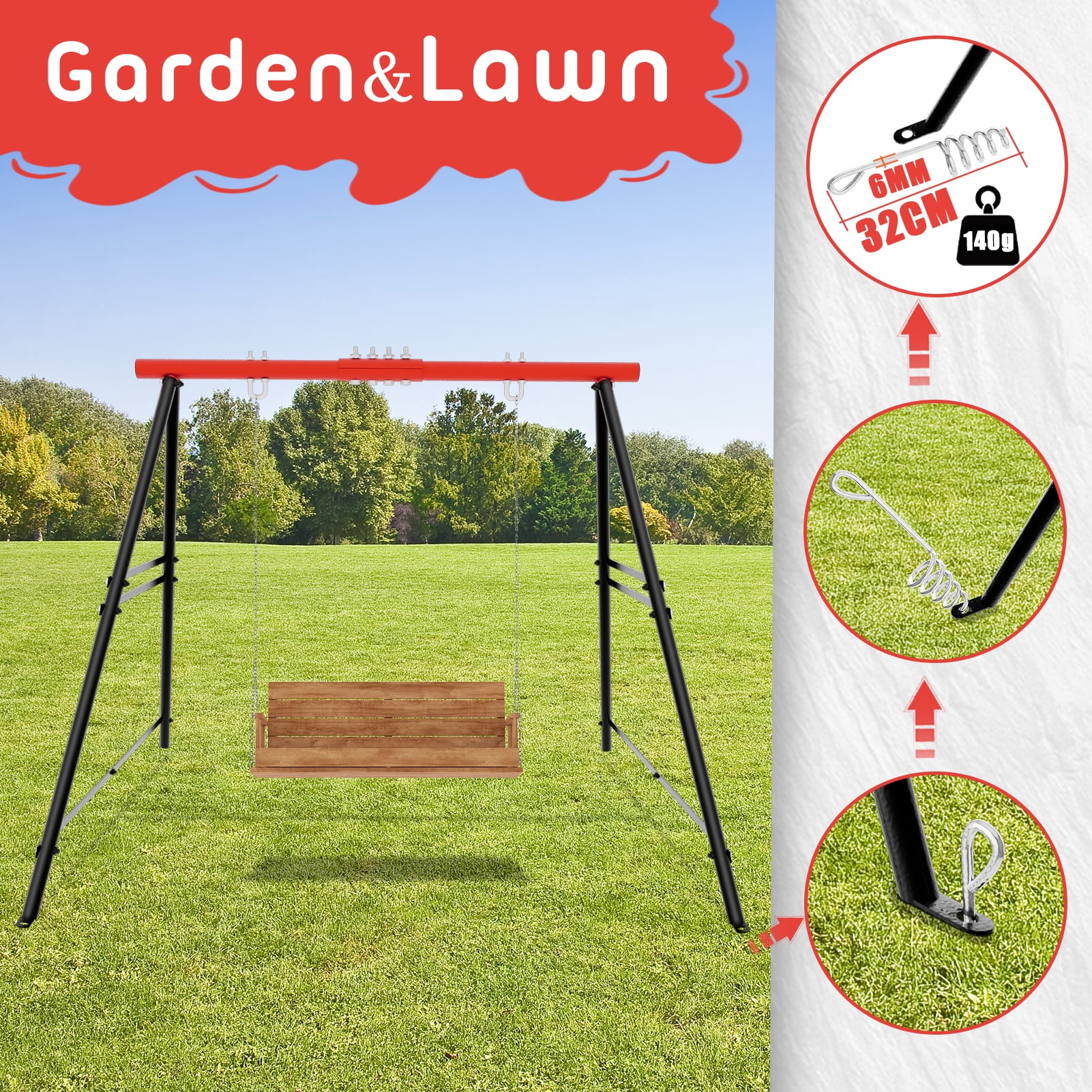 IVV Swing Stand for Porch, Outdoor Heavy Duty Swing Frame, Steel Metal Frame with 4 Ground Pegs, 73" Height Holds Up to 550lbs, Red (Swing NOT Included)