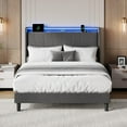 thumbnail image 3 of Bed Frame with LED Lights, Full Size Upholstered Platform Bed with USB Charging Station, Storage Headboard Shelf, Wood Slats, No Box Spring Needed, Easy Assembly, Noise Free, Grey, 3 of 8