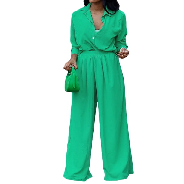 VISgogo Conjunto de pantalones para mujer, camisa de manga larga con botones y cintura elástica, pantalones de pierna ancha, atuendo de otoño VISgogo moda