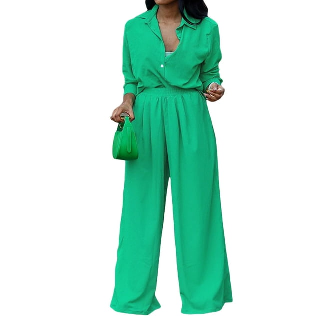 VISgogo Conjunto de pantalones para mujer, camisa de manga larga con botones y cintura elástica, pantalones de pierna ancha, atuendo de otoño VISgogo moda