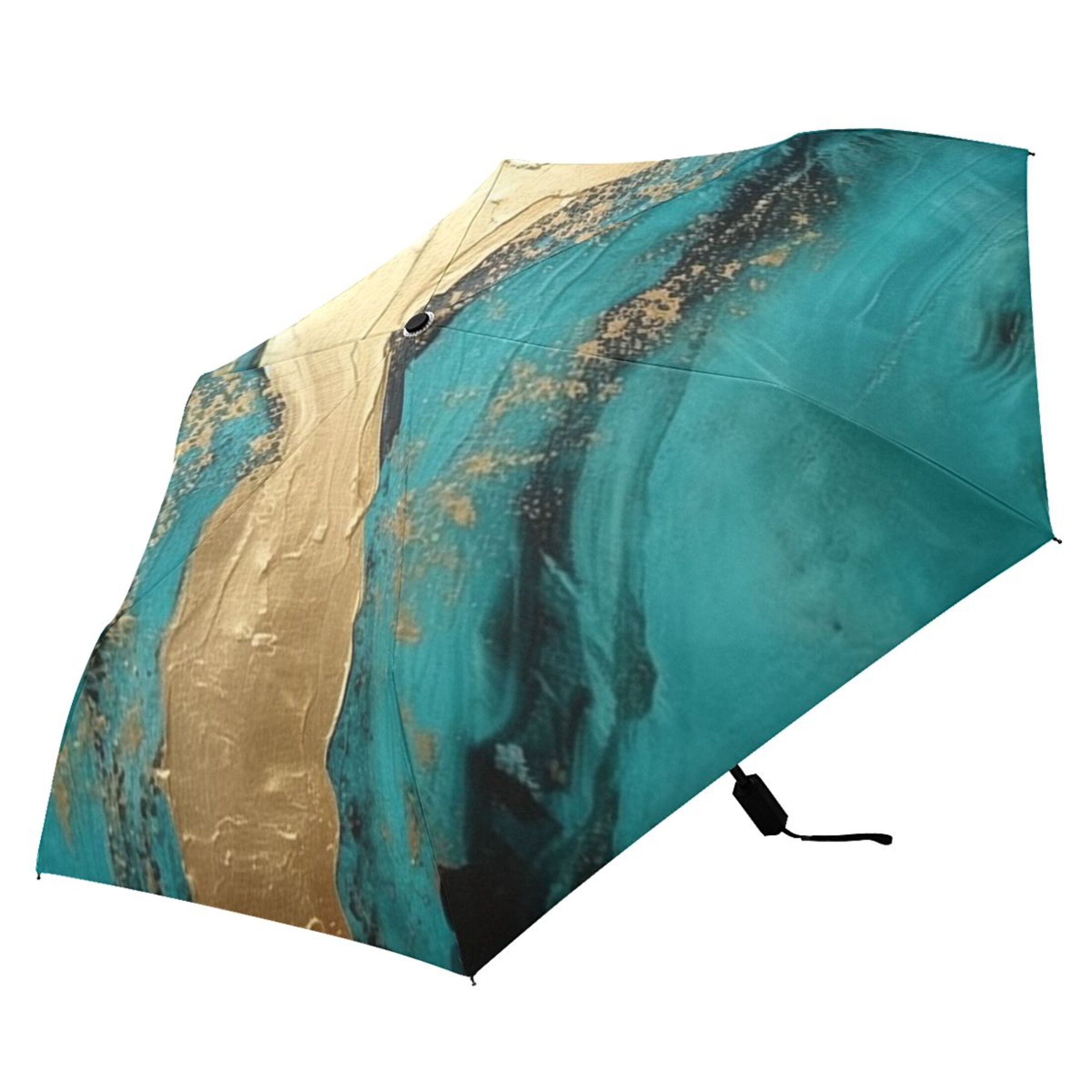 Turquoise Gold Marble Compact Sun Umbrella Windproof Travel Umbrellas for Rain Strong Portable UV Protection