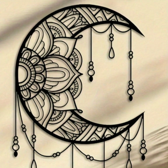 HELLOYOUNG 11.81 Inch Mandala Moon Metal Wall Sculpture - Boho Chic Intricate Floral Design with Crescent Moon Shape Black Metal Wall Art for Living Room Bedroom Yoga Studio Decor