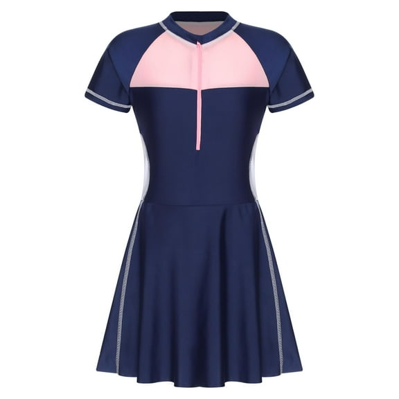 Kids Girls One-Piece Short Sleeve Swim Dress Children Teens Swimsuit Bathing Suit Rash Guard Summer Swimwear Dresses