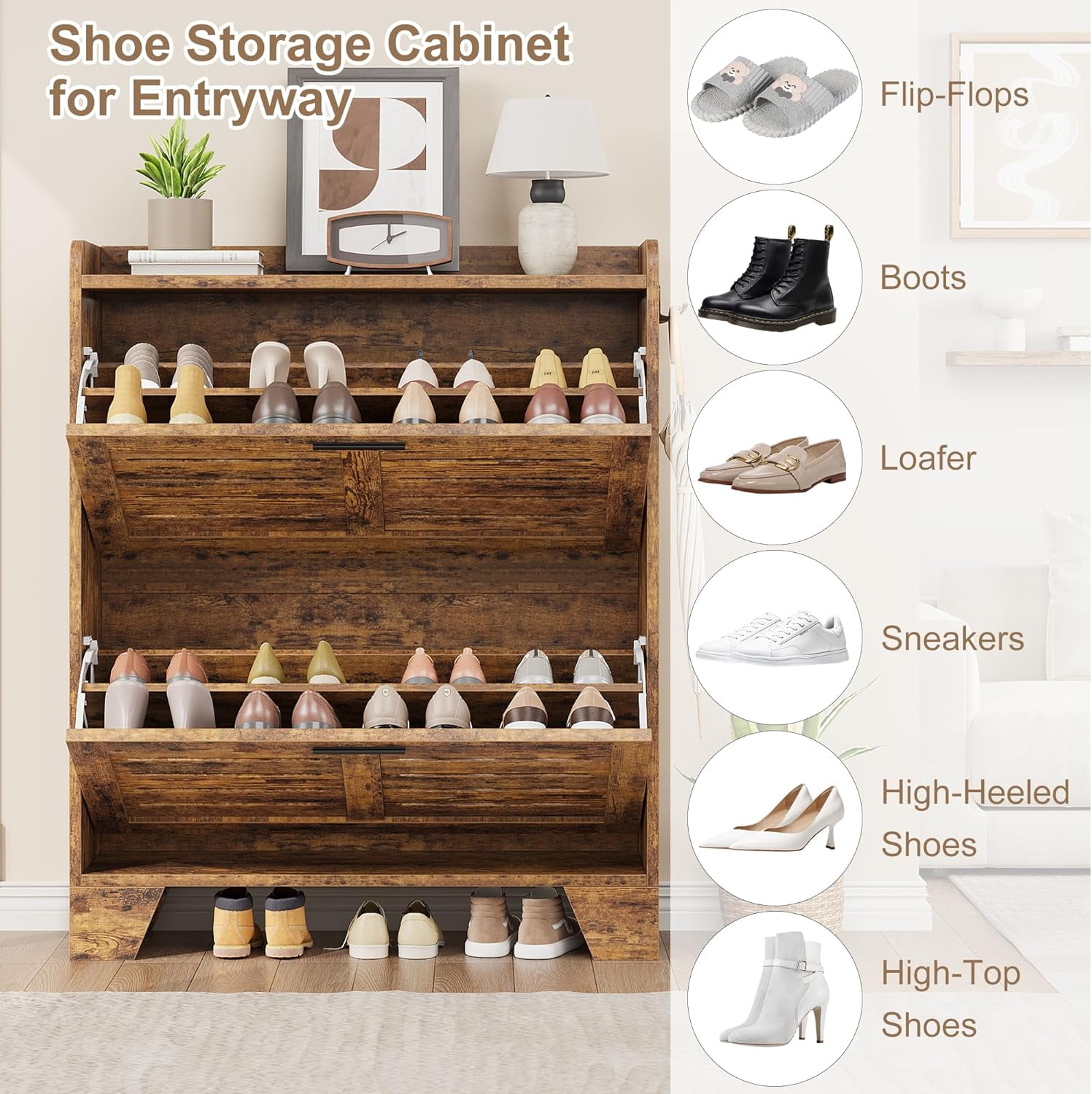 Homhougo Shoe Cabinet for Entryway, Narrow 2-Drawer Flip Shoe Storage Organizer with Adjustable Shelves and Hooks, Slim Hidden Freestanding Shoe Rack for Hallway, Foyer, Garage, 13.8” Deep