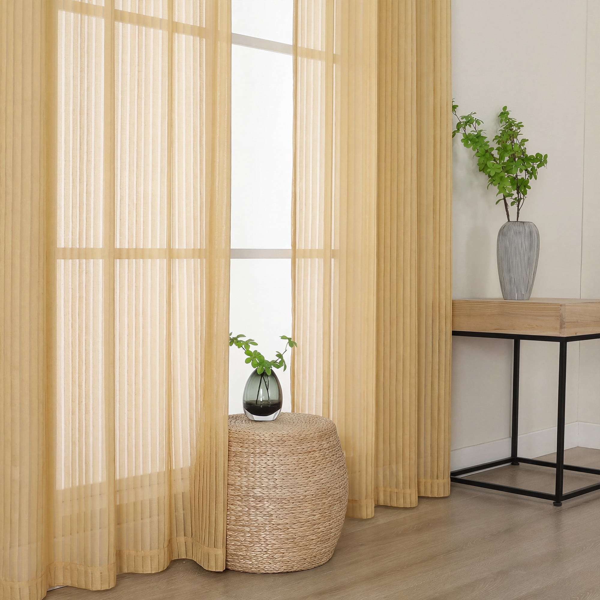 OVZME 63 Inch Vertical Striped Gold Sheer Curtains 2 Panels - Light Filtering Textured Rod Pocket Drapes for Living Room Bedroom, 52"W x 63"L Each, Gold